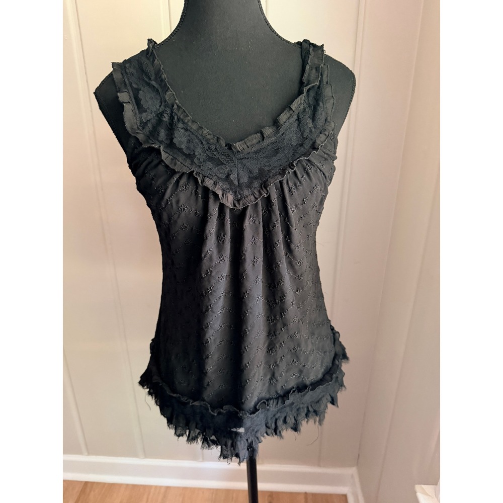 Passport Black Lace Trim Floral Embroidered Tank Top Sleeveless Y2K Medium